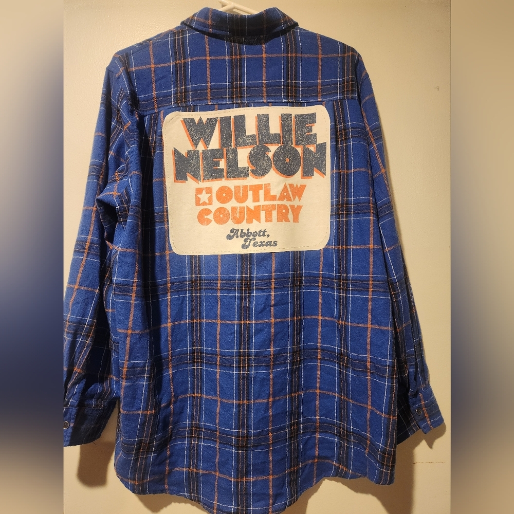 Upcycled Flannel with Willie Nelson graphic